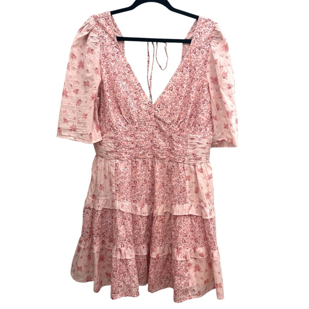 Mixed floral pink patchwork ruffle v/neck tiered mini dress fairy garden
